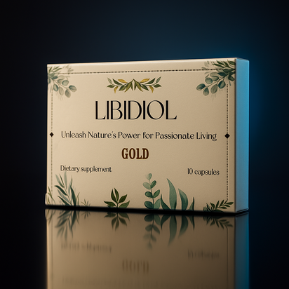 Libidiol Gold dietary supplement box on a reflective surface with a dark background