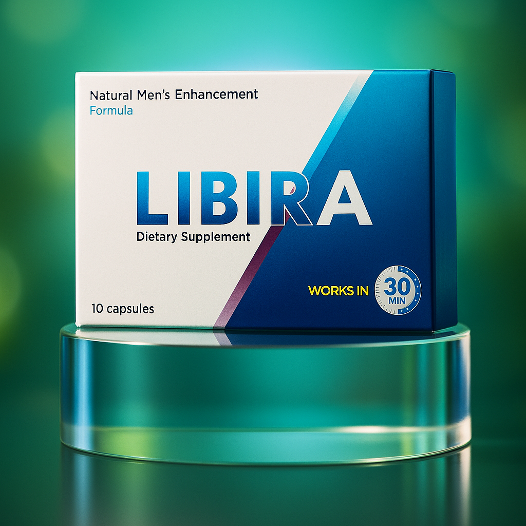 LIBIRA dietary supplement box on a reflective green platform with a blurred green background