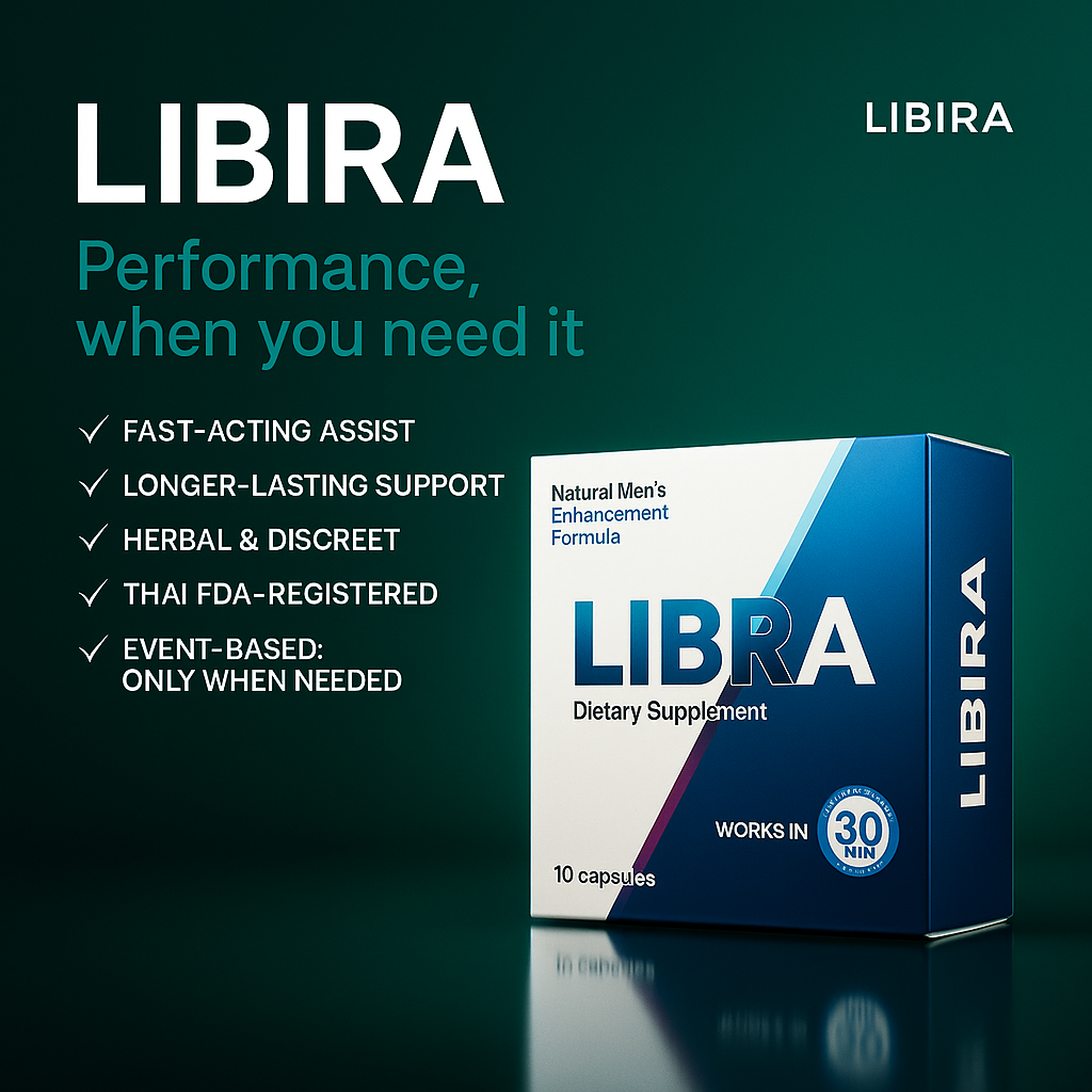 LIBIRA dietary supplement box with product features on a dark green background
