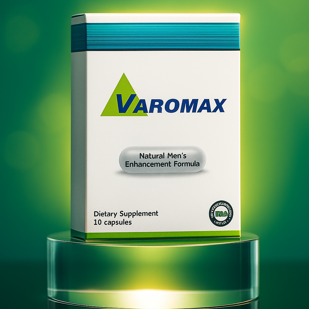 Varomax dietary supplement packaging on a green background