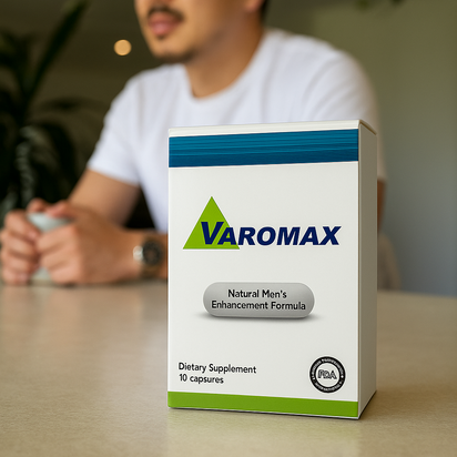 Box of Varomax dietary supplement on a table with a blurred person in the background