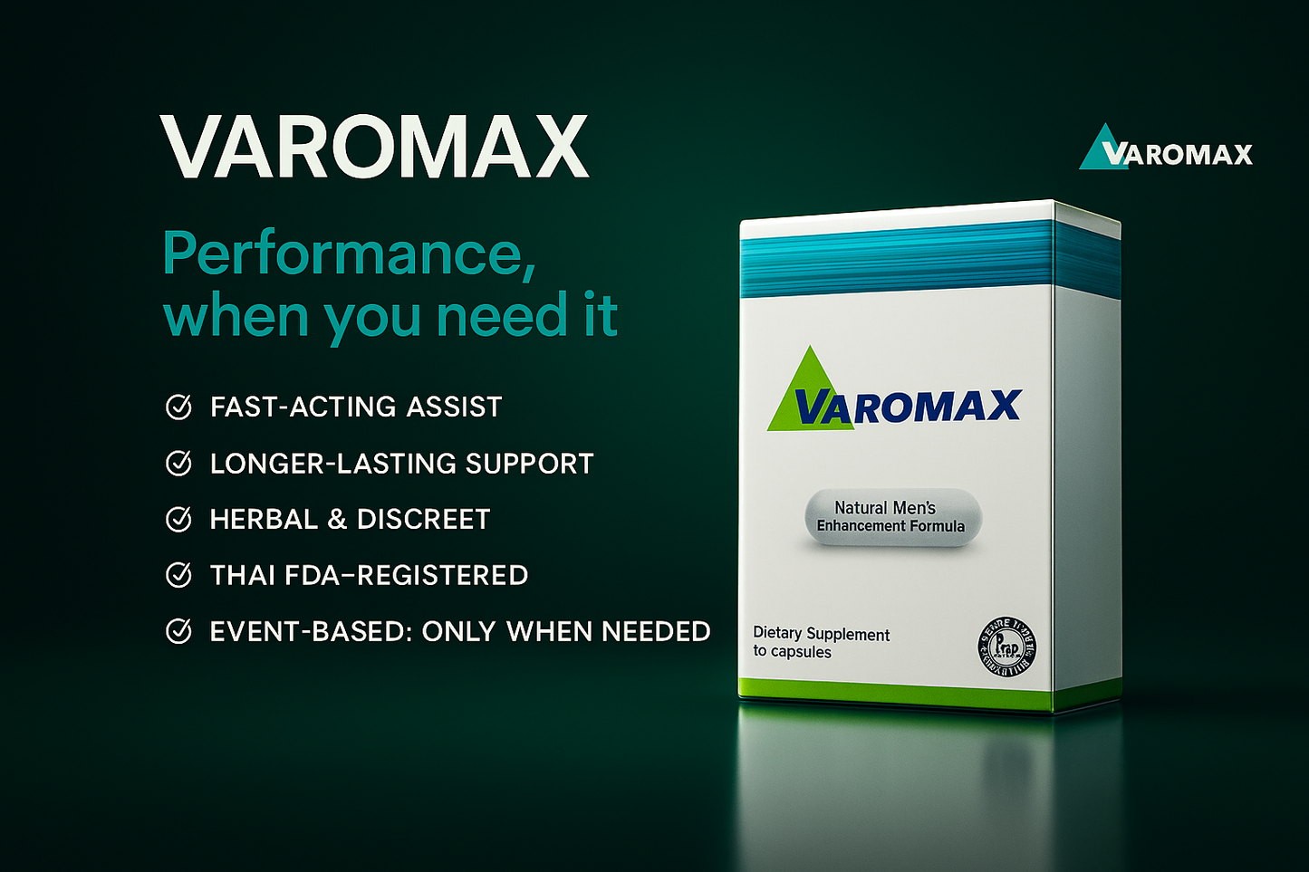 Varomax dietary supplement packaging with features listed on a dark background