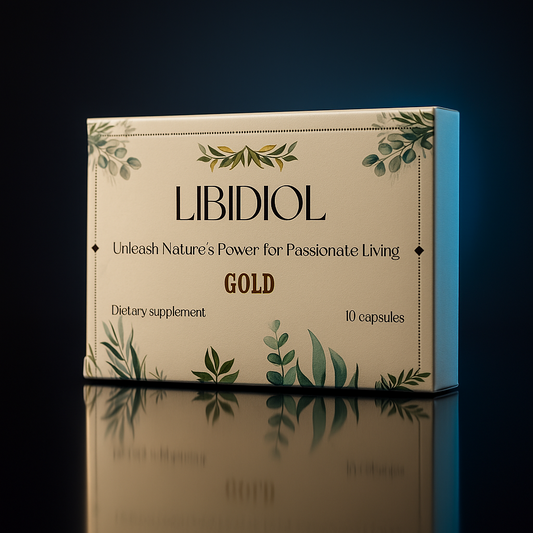 Libidiol Gold dietary supplement box on a reflective surface with a dark background