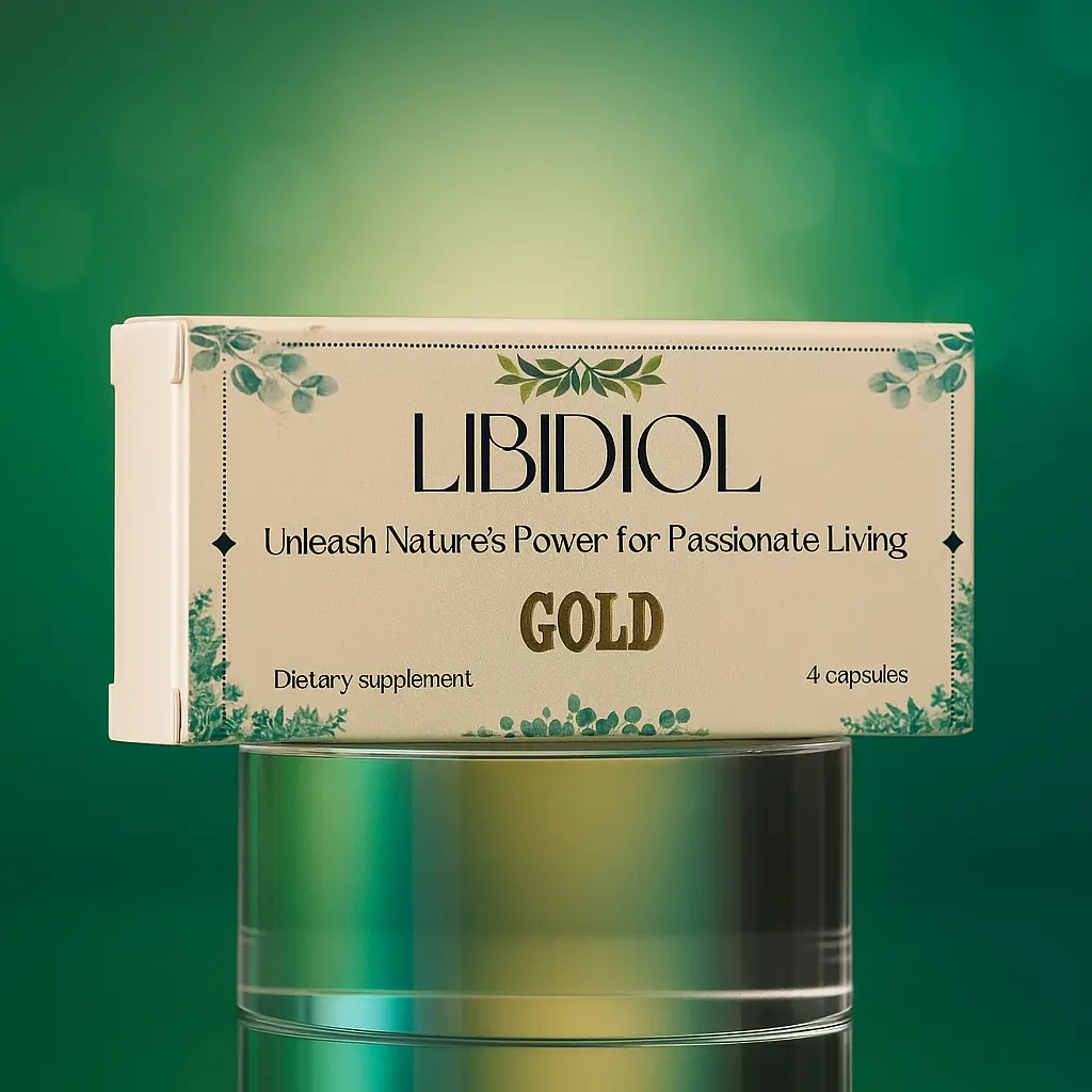Libidiol Gold dietary supplement packaging on a green background