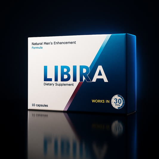 LIBIRA dietary supplement box on a reflective black surface with a dark background