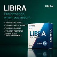 LIBIRA dietary supplement box with product features on a dark green background
