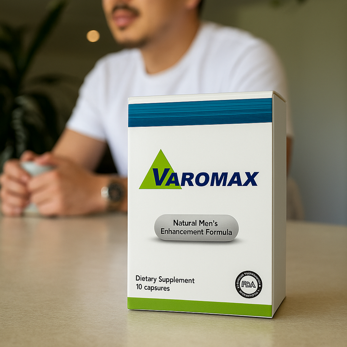 Box of Varomax dietary supplement on a table with a blurred person in the background